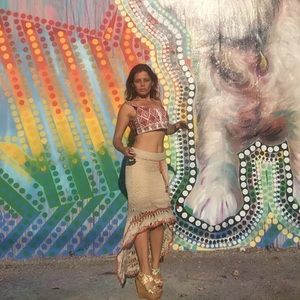 Beige and orange crochet skirt long cute size M